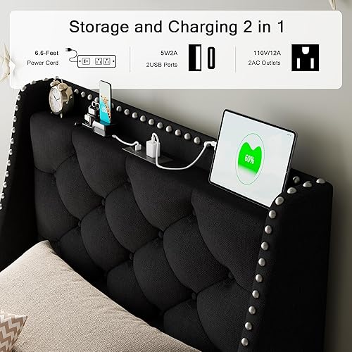 Miniatura 85 de Base de cama tamaño Queen con cabecero de almacenamiento capitoné con botones en la parte trasera y puertos tipo CA, plataforma tapizada, soporte de