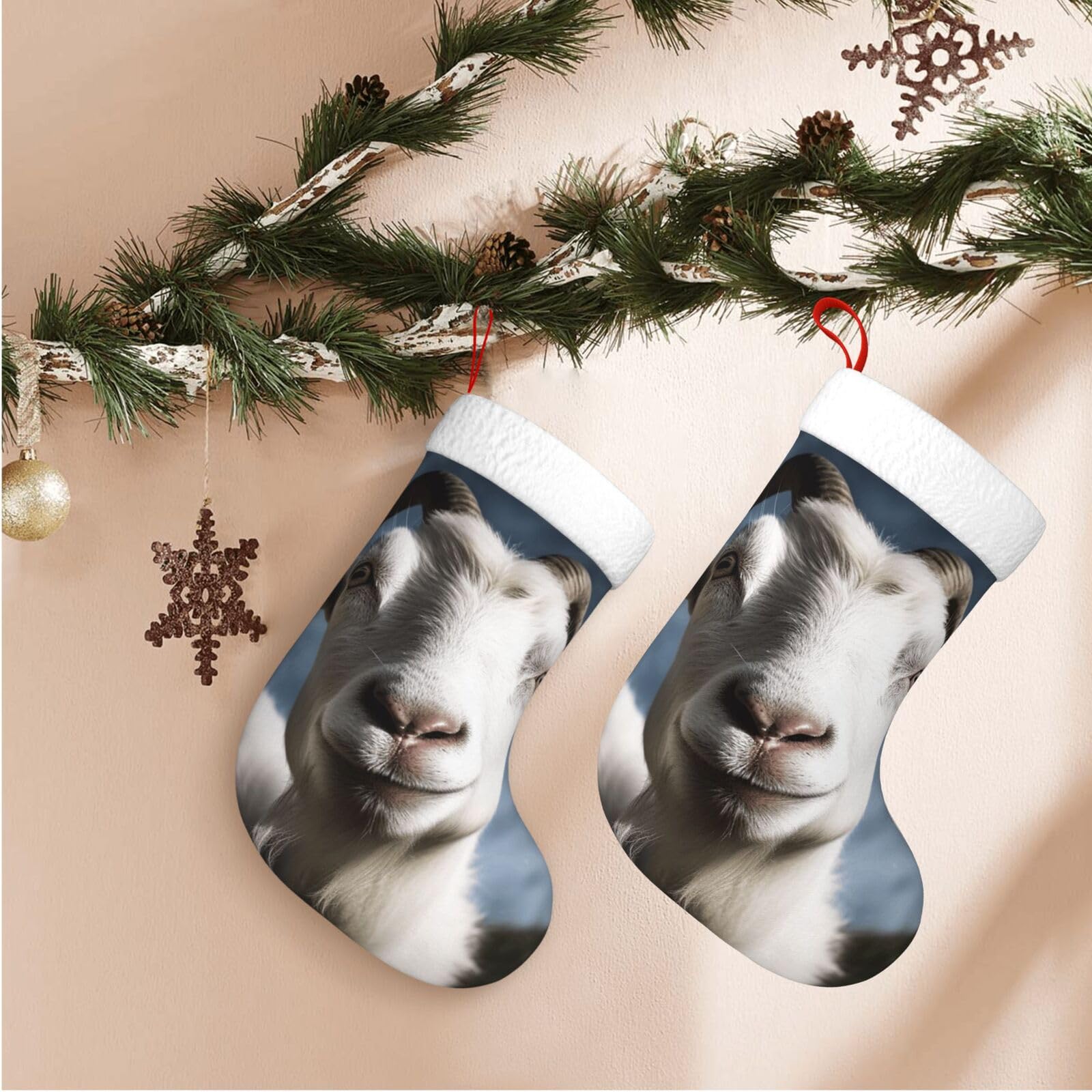 17.7" Christmas Stocking 1 Piece, Goat Xmas Stockings with White Plush Cuff Fireplace Hanging Stocking for Christmas Holiday Party Decoration