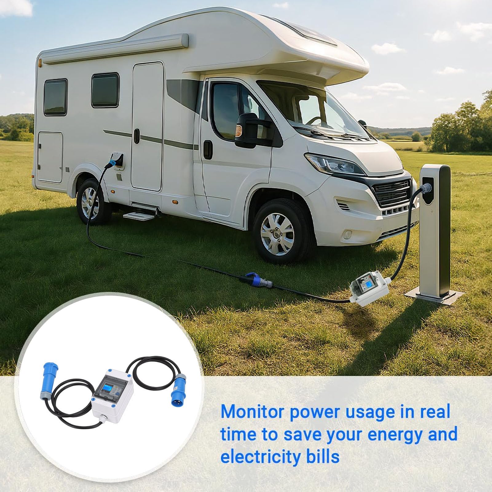 Mobiler Digitaler Stromzähler, Tragbarer 16-A-KWH-Zähler mit CEE-Stecker, Echtzeit-Stromüberwachung für Wohnmobile, Camping, ABS-Material, 1 Einheit