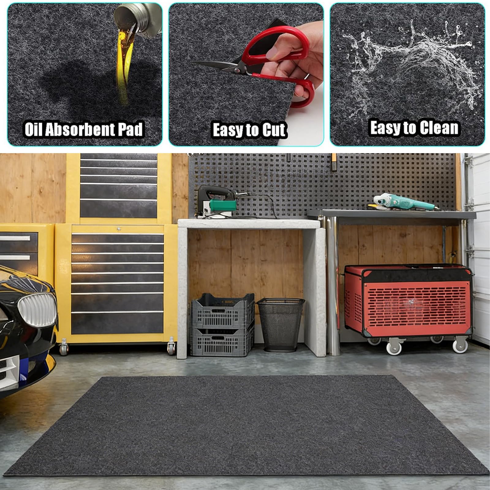 Tapis de sol de garage absorbant et résistant à l'huile, 91,4 x 152,4 cm, fabriqué à partir de feutre robuste pour l'entretien de voiture et de moto