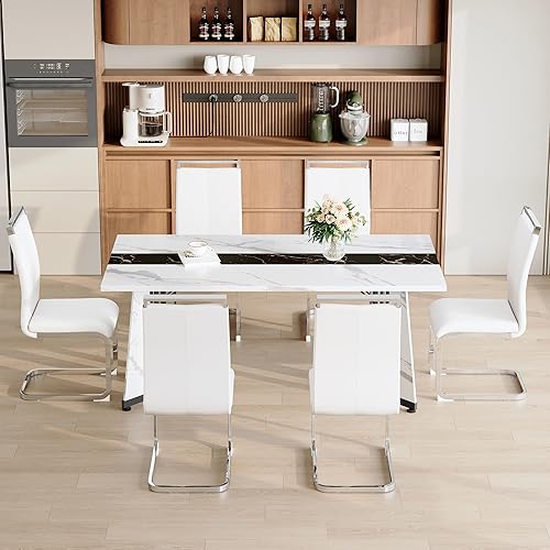 Miniatura 8 de Juego de mesa de comedor para 6, mesa de comedor de mármol blanco de 71 pulgadas con amplio espacio para las piernas y sillas de comedor de cuero