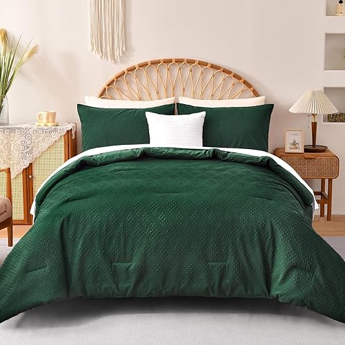 Miniatura 9 de Luxudecor Juego de edredón blanco copetudo, tamaño Queen, edredón bohemio con textura bordada, juego de ropa de cama bordado de 3 piezas, edredón