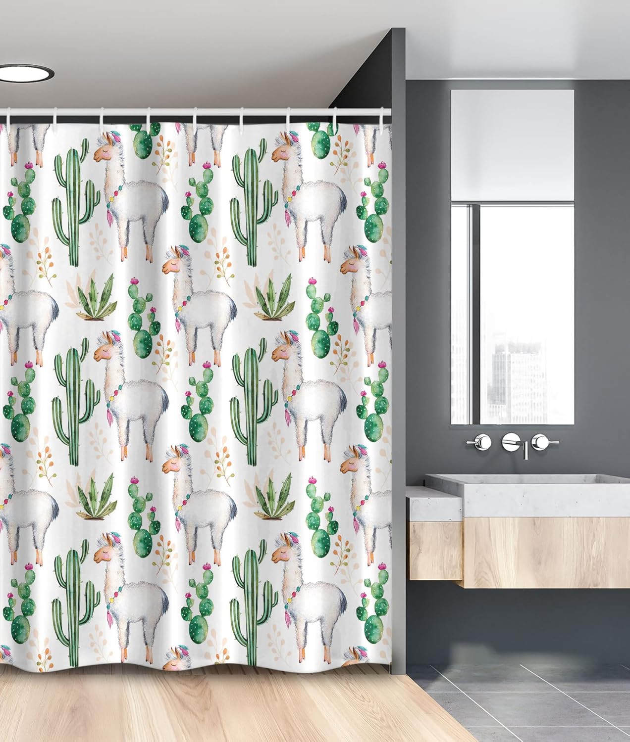Ambesonne Cactus Stall Shower Curtain, Hot South Desert Plant Cacti Pattern Llama Animal Modern Colored Image Print, Fabric Bathroom Decor Set with Hooks, 54" W x 78" L, Multicolor White