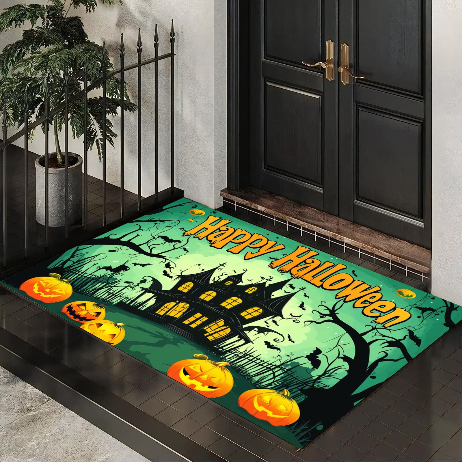 Tapis entrée intérieur citrouilles et chauves-souris pour un couloir halloween accueillant