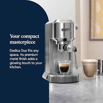 De'Longhi Dedica Duo - Perfetto Compact Portafilter Espresso Machine with Soft Touch Icons Manual Milk Frother for Espresso Cappuccino and Cold Brew 15 cm Wide Metal (EC890.M)
