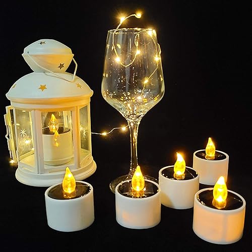 Miniatura 2 de Velas de té solares, 10 velas LED impermeables sin llama, velas LED recargables ámbar parpadeantes para jardín, patio, camino, decoración del hogar