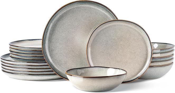 GBHOME Stoneware Dinnerware Sets for 4, 12 Pieces Rustic Earthenware Plates and Bowls Set, Handmade Reactive Glaze Ceramic Plate Sets, Chip Resistant Dishes, Microwave & Dishwasher Safe, Wheat Green