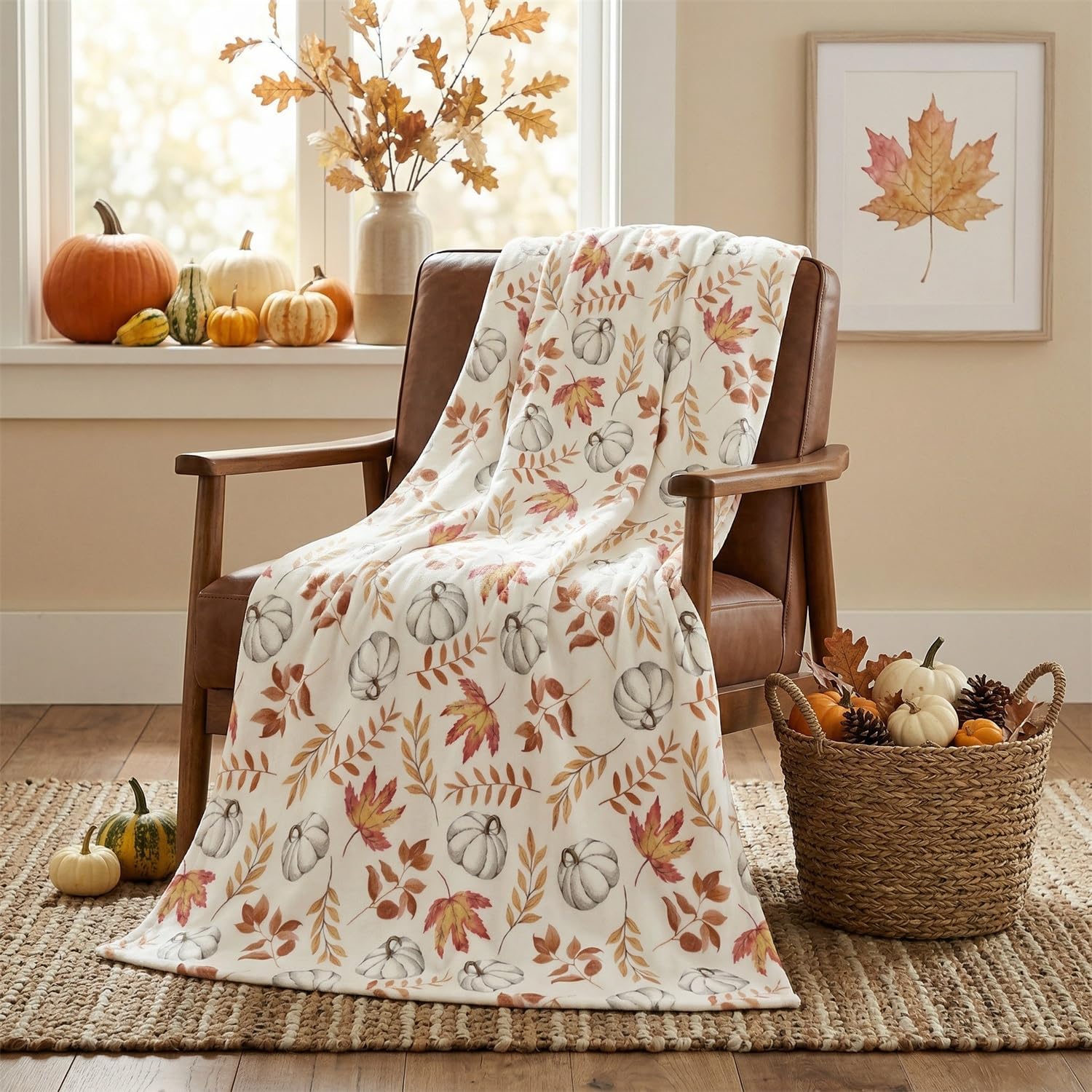 「Autumn Sleepover」セット Artoid Mode Orange Pumpkins Leaves Autumn Fleece Blanket Throw