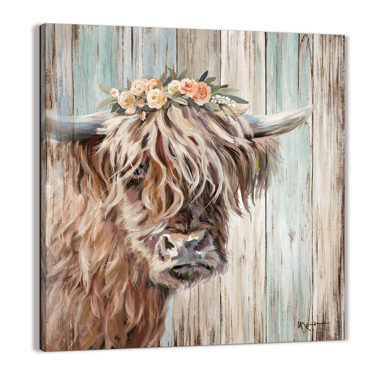 YUEYARIT Highland Cow Picture Wall Decor Canvas Print Painting Art Vintage Country Farmhouse Art for Gifts and Home Decor Ready to Hang Dining Room