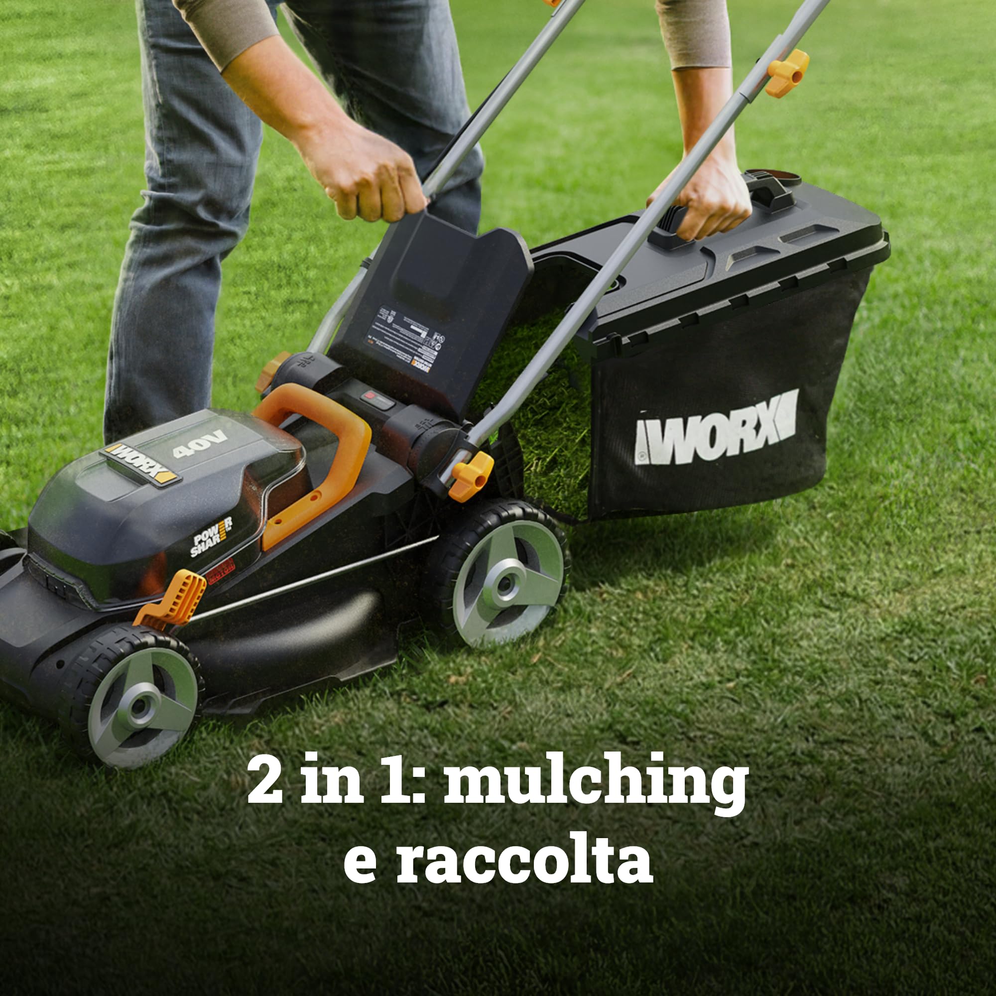 WORX WG735E Rasaerba a batteria 40 V, taglio 34 cm, motore brushless, altezza regolabile su 6 livelli da 20 a 75 mm, sacco 35 L, Cut-to-Edge, 2 batterie da 4 Ah e caricabatterie doppio inclusi