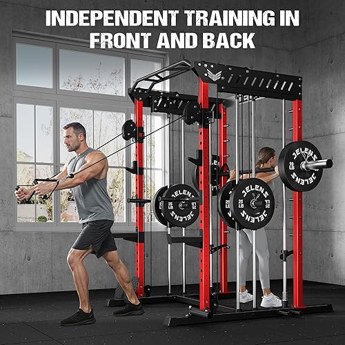 Miniatura 5 de M21 Smith Machine, Multi-Function Power Cage with Dual Pulley Cable Crossover System, 2000LBS All-in-One Squat Rack with Smith Bar and Attachments