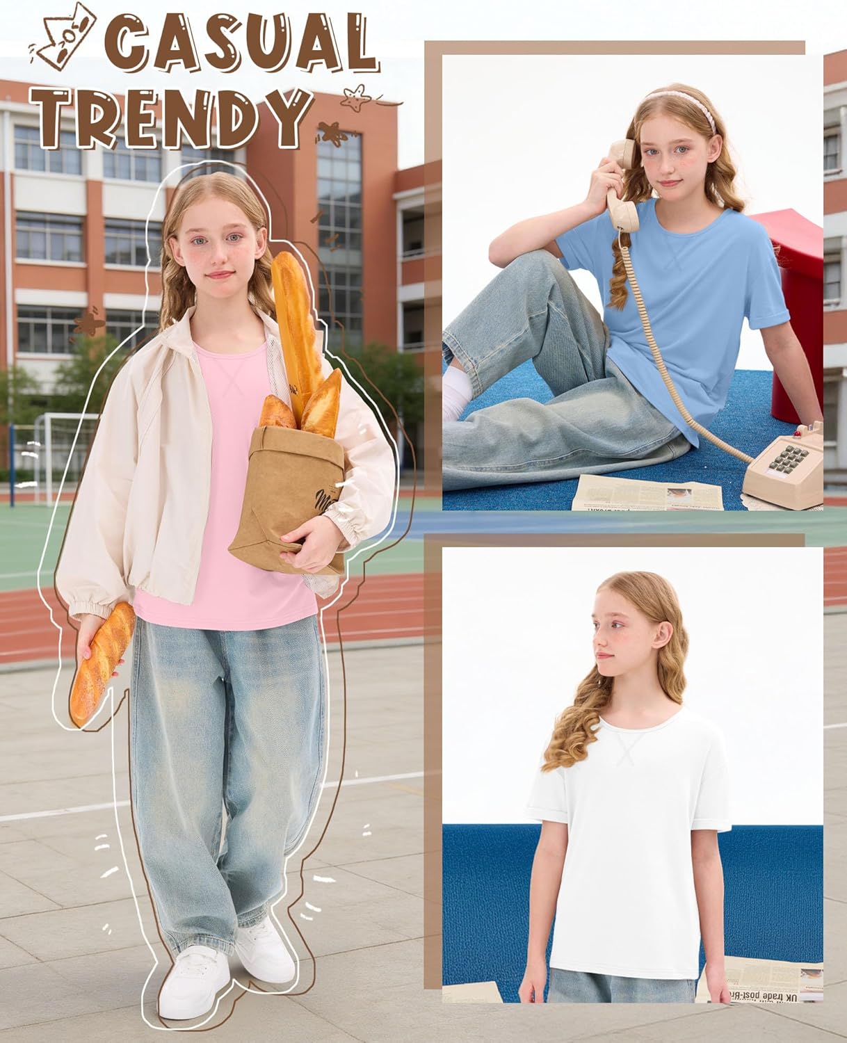 3 Pack Girls Short Sleeve T Shirts Kids Loose Fit Crew Neck Tops Rolled Cuff Summer Basic Casual Tees Blouse - Image 6