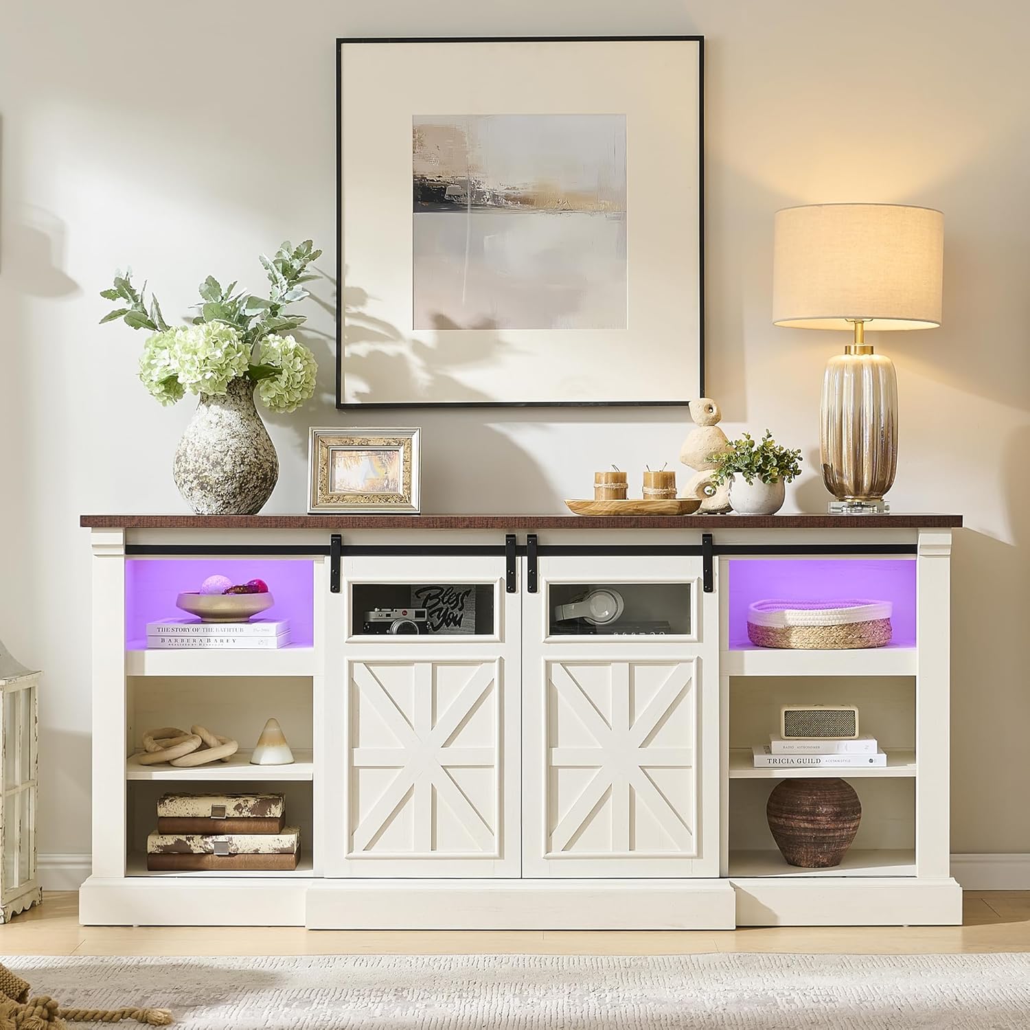 Fireplace TV Stand for up to 80 Inch TVs, 32’’ Tall LED Entertainment Center with Electric Fireplace, Farmhouse TV Console Table w/Sliding Barn Door & Window for Living Room, Antique White