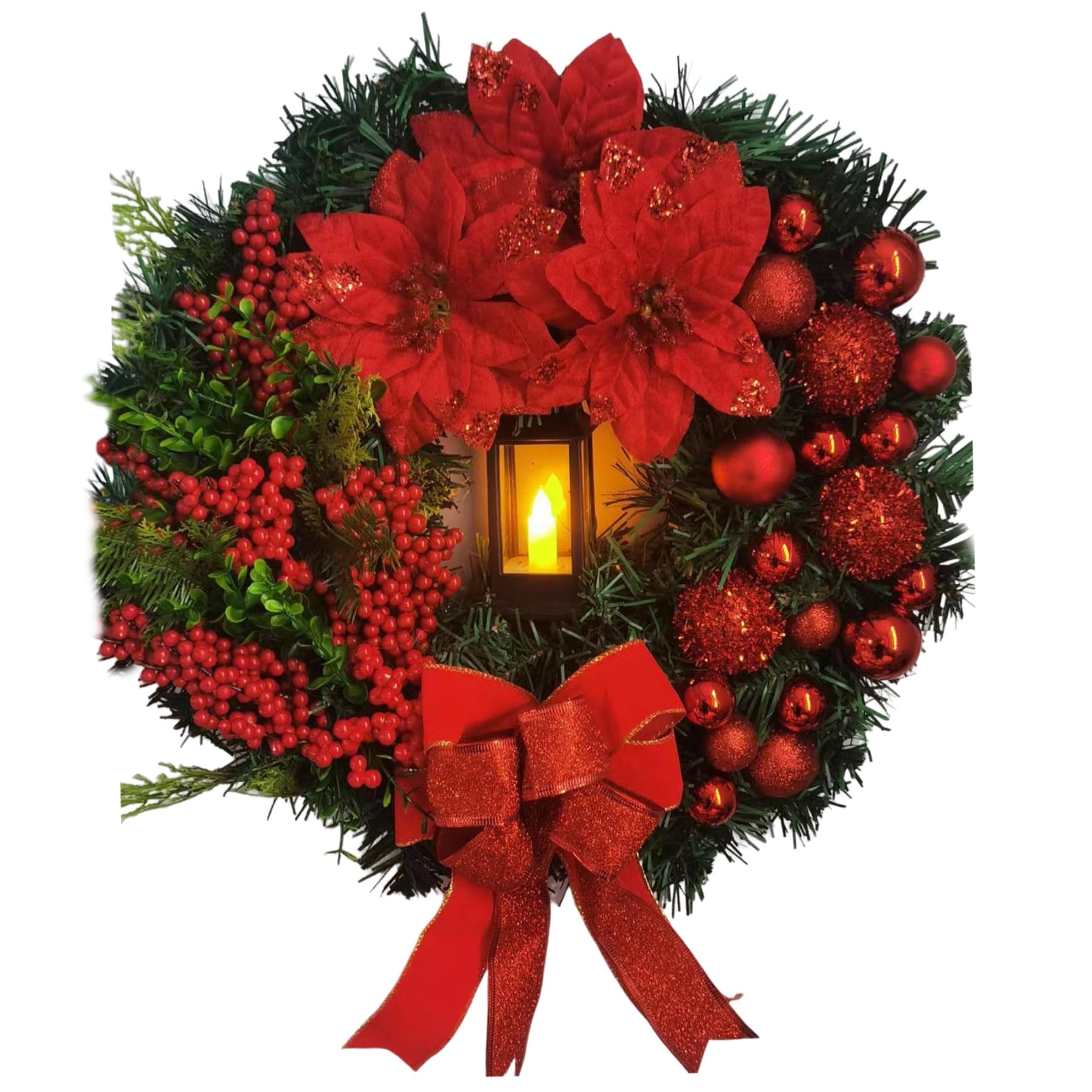 Peosaard Bowknot Christmas Door Wreath, Christmas Wreath 16Inch Artificial Light Up Flower Red Berries With Mixed Leaves Hanging Round Wreaths For Front Door Window Wall