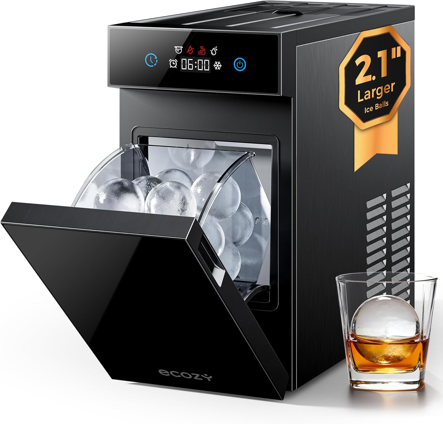 ecozy 2.1" Clear Ice Ball Maker with CrystalFlux Technology, Minimal Footprint Sphere Ice Maker with 8H Timer, 1 pc in 30 Mins, 48 pcs/Day, Self-Cleaning for Home Bar Whiskey & Bourbon