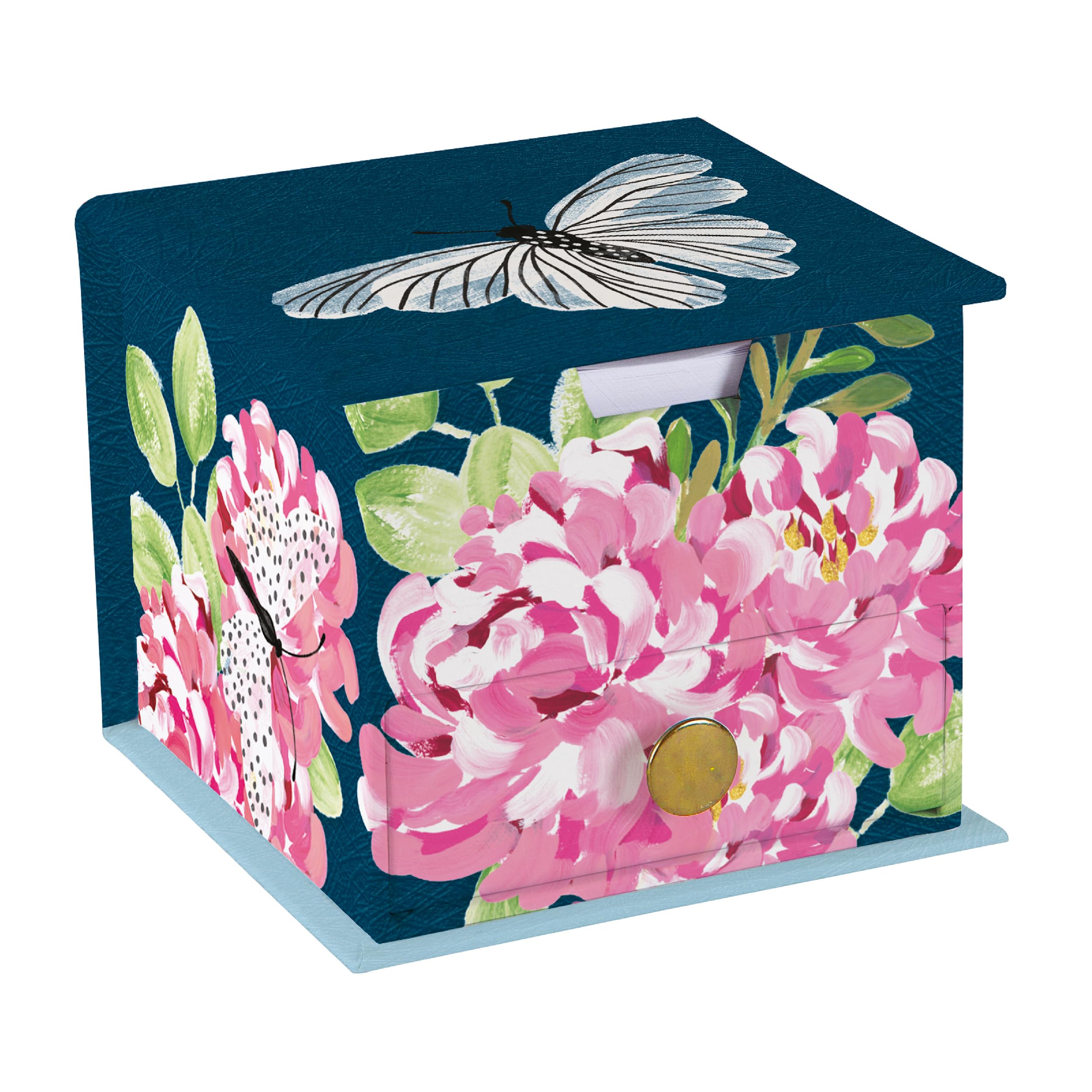 The Gifted Stationery Co. Ltd. Flutter Memo Cube with Drawer – Decorative Desk Memo Pad Holder with 400 Paper Sheets – Floral & Butterfly Note Cube for Office, Home Desk or Study Organisation