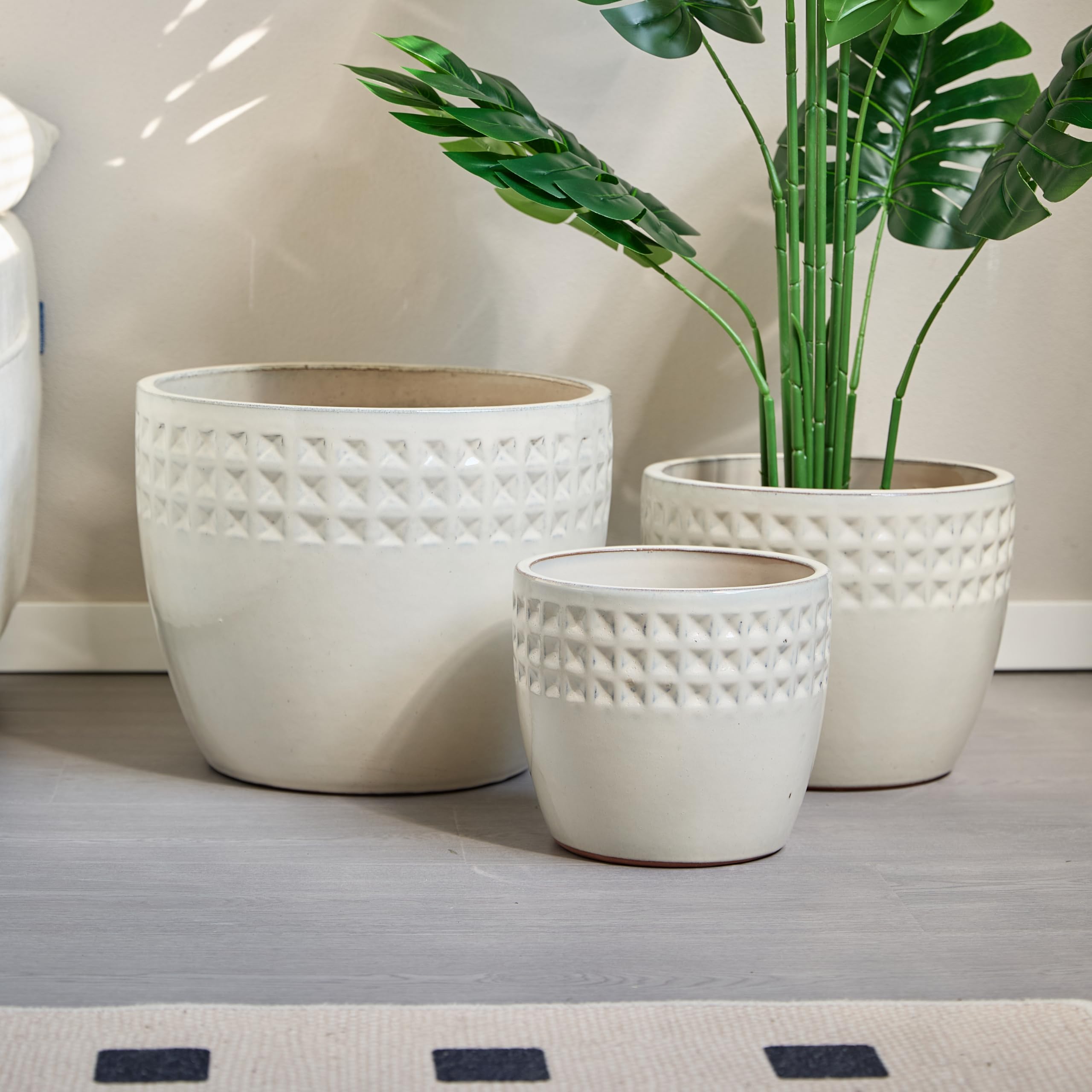 Zestaw doniczek ceramicznych, 3-częściowy, ręcznie wykonana, antyczna biała ozdobna doniczka z białym wzorem w romby, Ø 38/30/23 cm, otwory odpływowe, odporna na mróz, do użytku wewnątrz i na