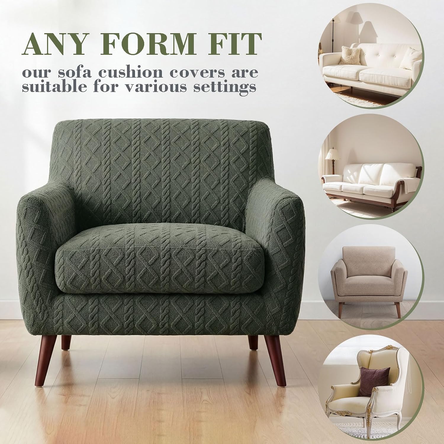 Gilprop 3 Pcs Couch Cushion Covers for Sofa Stretch Jacquard Cable Knit Seat Cover Washable Sofa Slip Cover with Elastic Bottom Washable Modern Furniture Protector for Sectional Slipcover (Green)