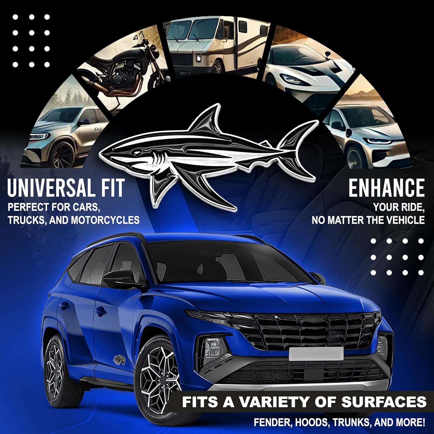 Shark Emblem 3D Fish Badge – Custom Car Sticker for Car, Truck, SUV, Trunk, Hood, Fender – Set of 2 (Chrome)