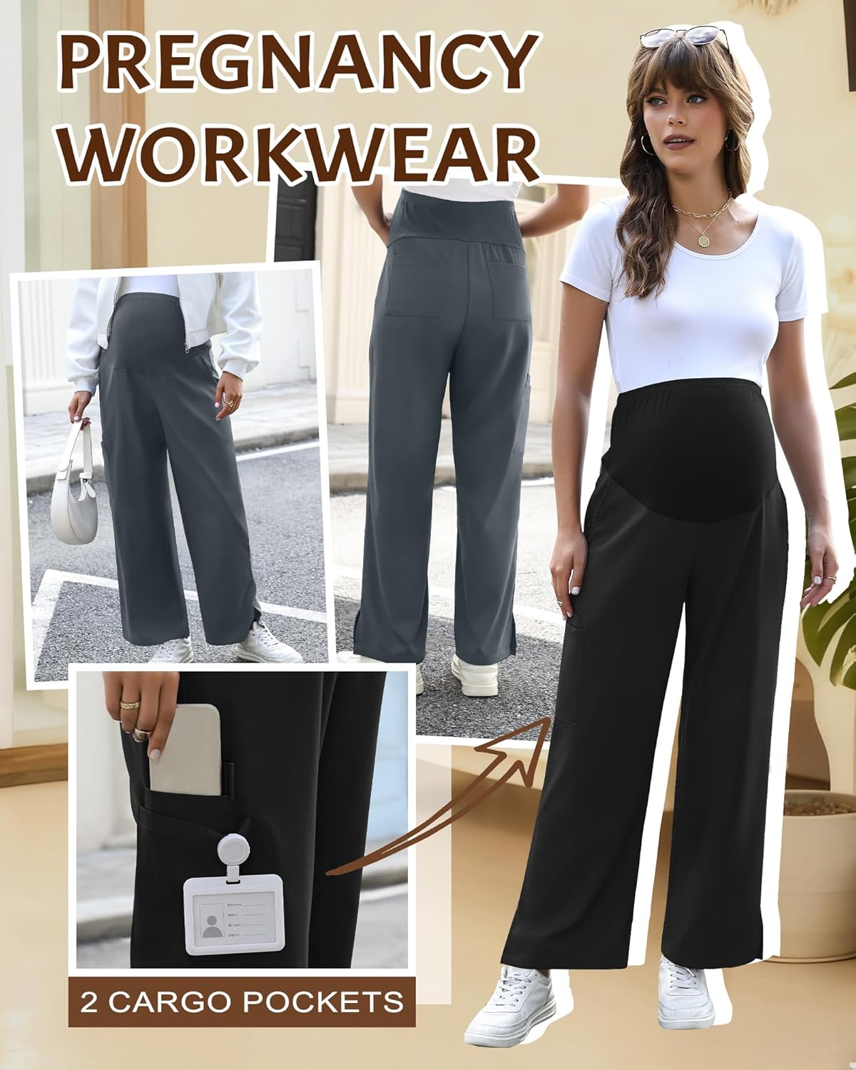 2 Pack Women's Maternity Scrubs Pants with 6 Pockets Pregnancy Workwear Stretchy Straight Leg Cargo Trousers(Black, Dark Grey,X-Large) - Image 5