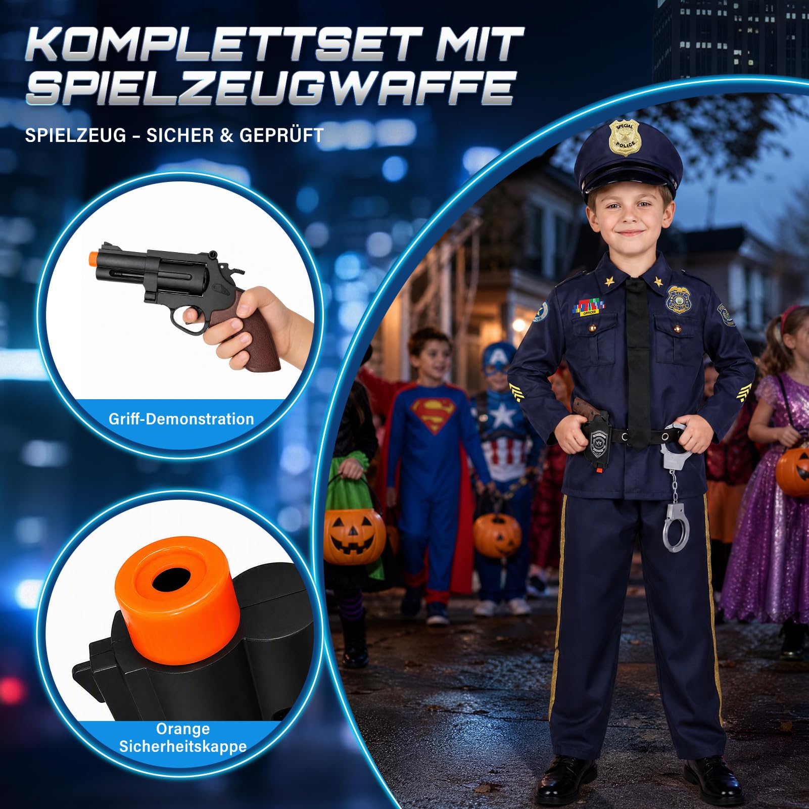 Joycover Polizei Kostüm Kinder mit 11 Stück Polizei Ausrüstung Spielzeug