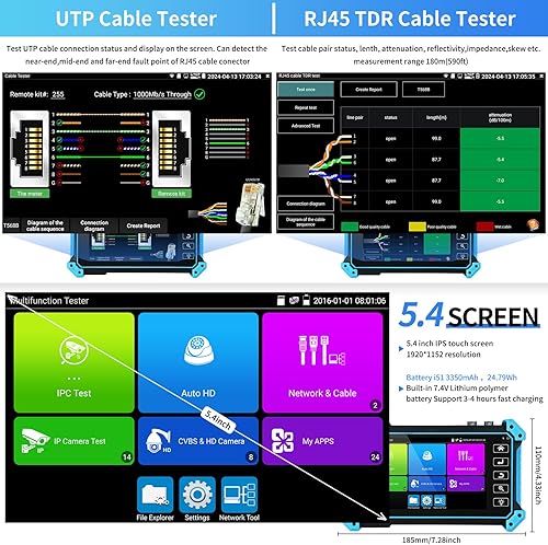 Miniatura 4 de Henkion Probador de CCTV, 4K 12MP IP Cámara Probador IPC Prueba 8MP TVI/CVI/AHD/SDI/CVBS Cámara coaxial 5.4 pulgadas IPS Pantalla táctil, Prueba de