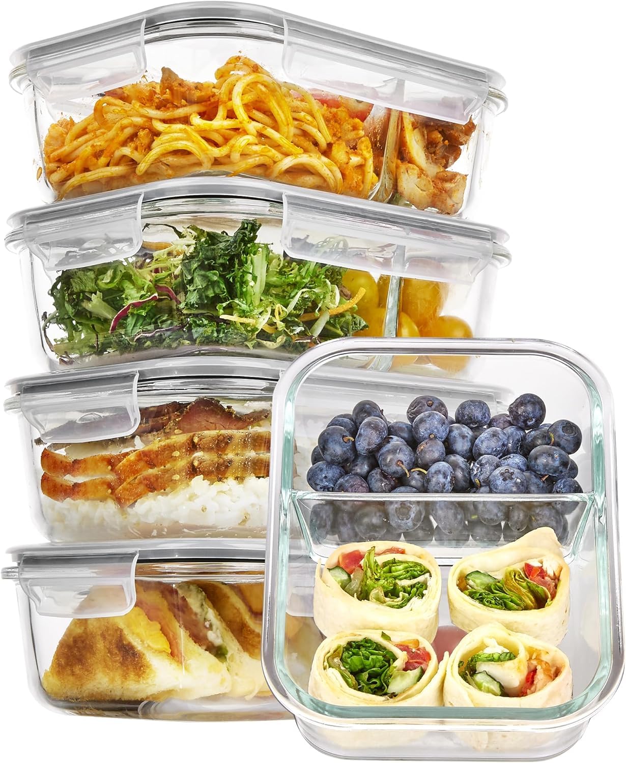 Vtopmart Set di 5 Contenitori Vetro per Alimenti Con 2 Scomparti, Porta Pranzo Vetro con Coperchio, Contenitori Ermetici per Alimenti,Adatti A Freezer, Microonde E Lavastoviglie, Senza BPA