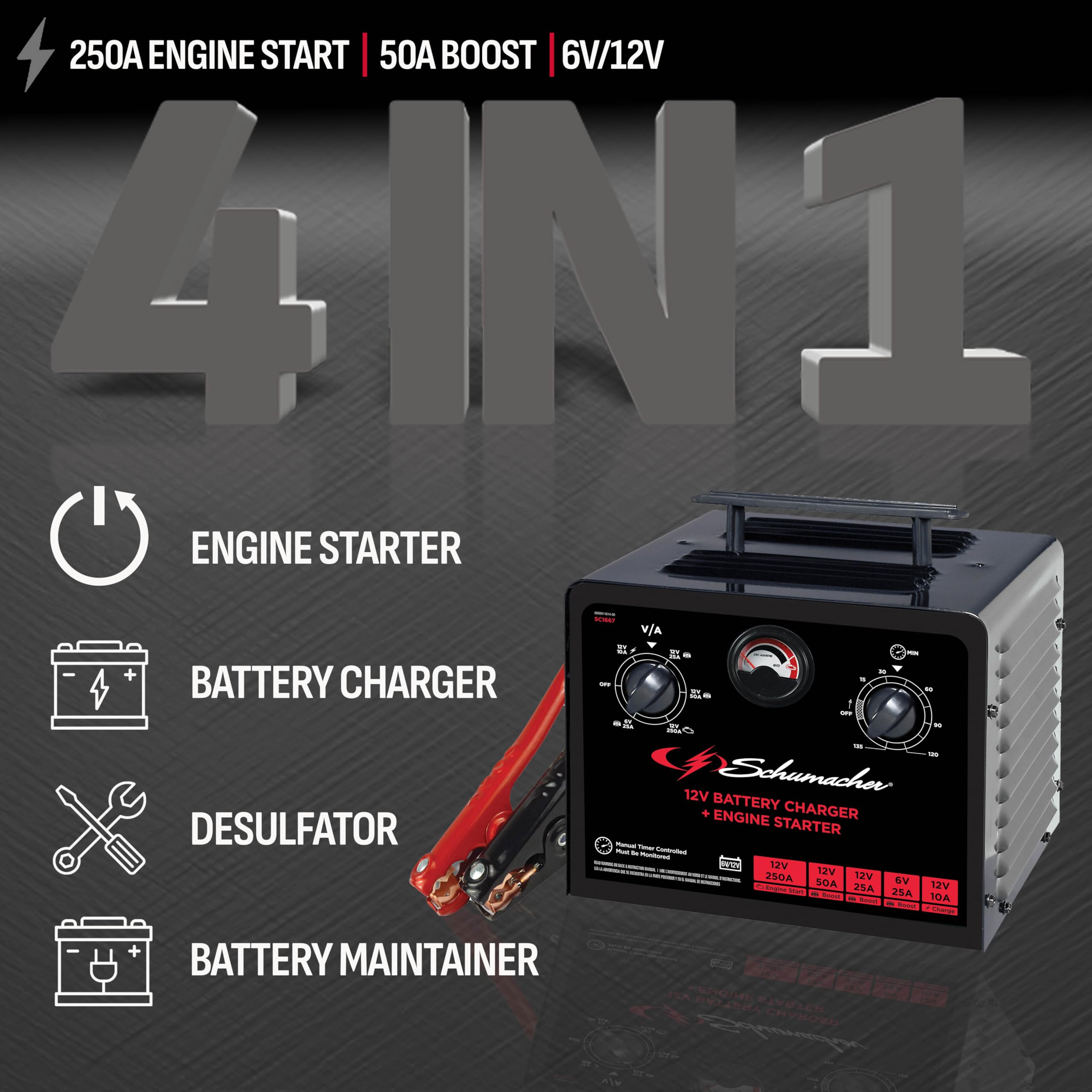 Schumacher Electric 6V/12V Time Controlled Battery Charger & Engine Starter - Precision Controlled Charger with 135-minute Timer & Overload Protection - 250 Cranking Amps & 3 Boost Modes - SC1667