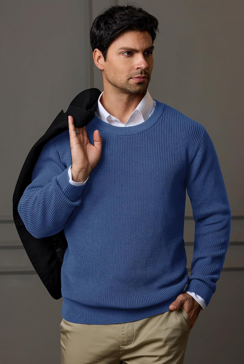 Mens Waffle Dress Sweater Loose-Fit Knit Textured Stretch Pullover Top (S-XXL) - Image 4