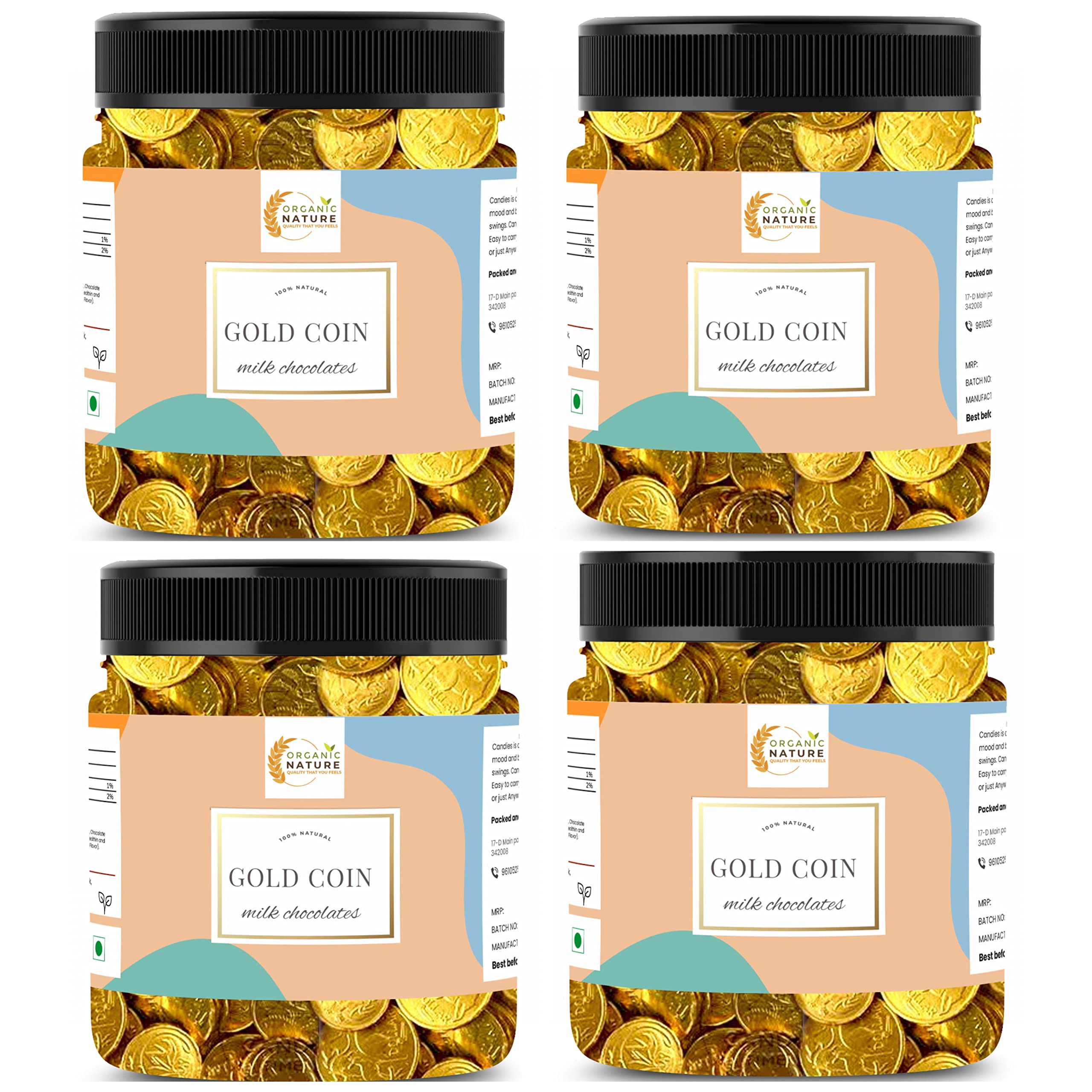 ORGANIC NATURE Gold Coin Milk Chocolates/Chocolate Coins Gift Pack (Jar Pack) (Pack Of 4 Of 100 Pieces) - 400 Gm