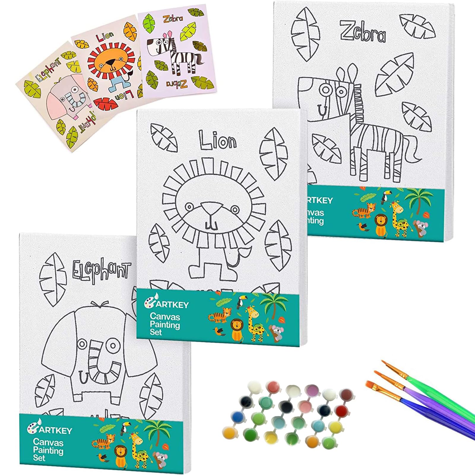 Artkey Pre Drawn Canvas for Painting, 5x7 Stretched Canvas Set, Pack of 3 with 24 Acrylic Paint Pots, 3 Brushes & Animal Designs (Lion, Zebra, Elephant)