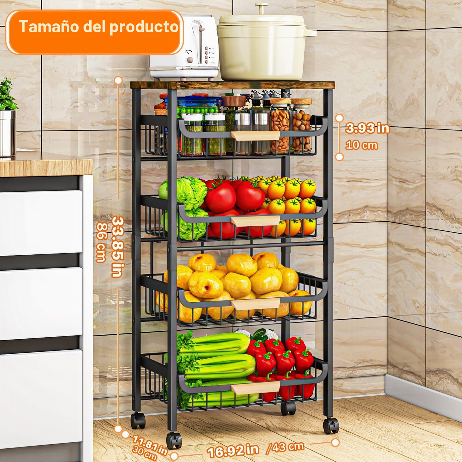 Carrito de Cocina 5 Niveles con Tabla y Ruedas con Bloqueo | Estante Móvil para Verduras y Provisiones, con Ruedas Giratorias Carrito de Servicio Móvil para Cocina, Despensa