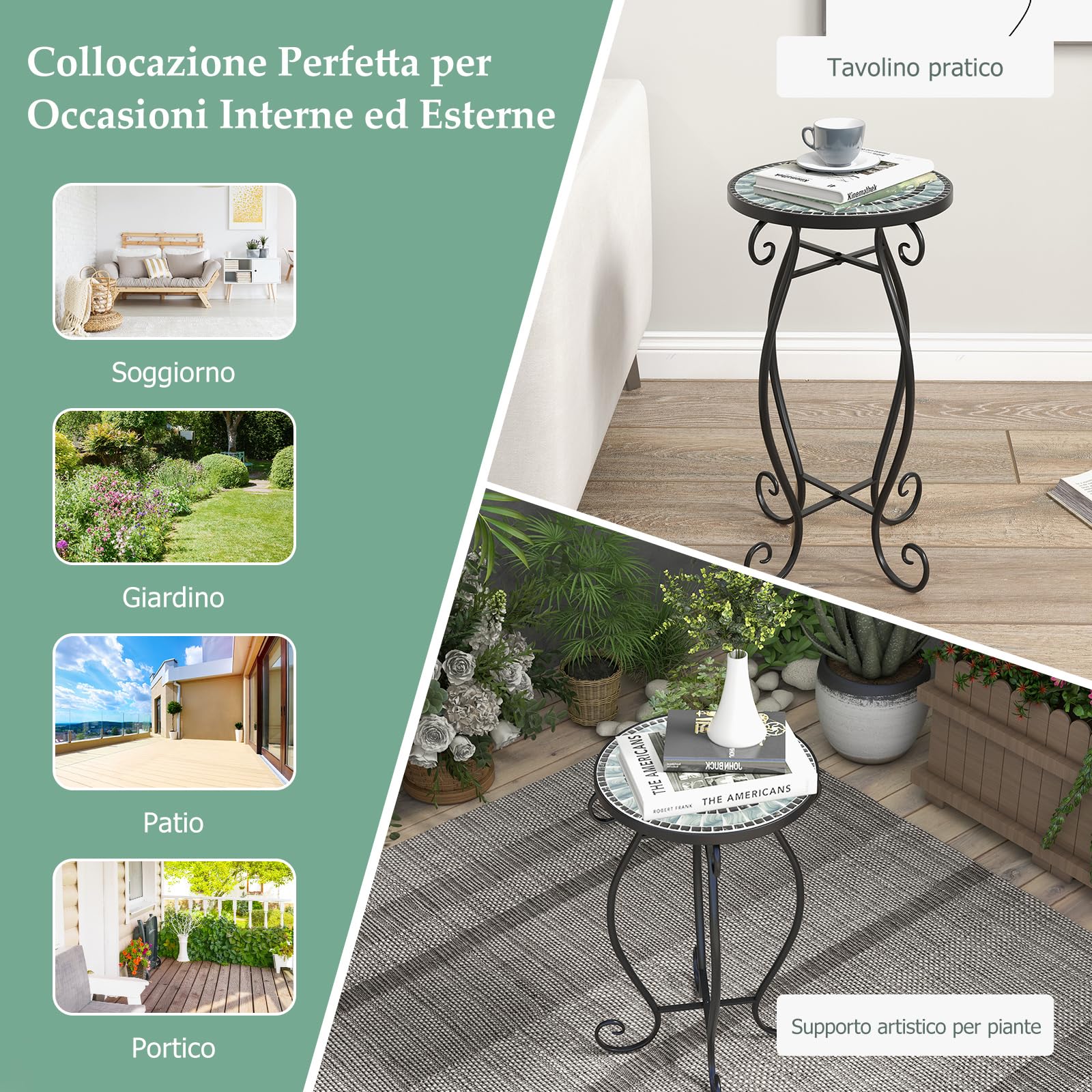 GYMAX Tavolino da Esterno ∅30 x 50 cm Mosaico, in Metallo, Rotondo,Ideale per Giardino, Balcone, Cortile e Bar (Stile 3)