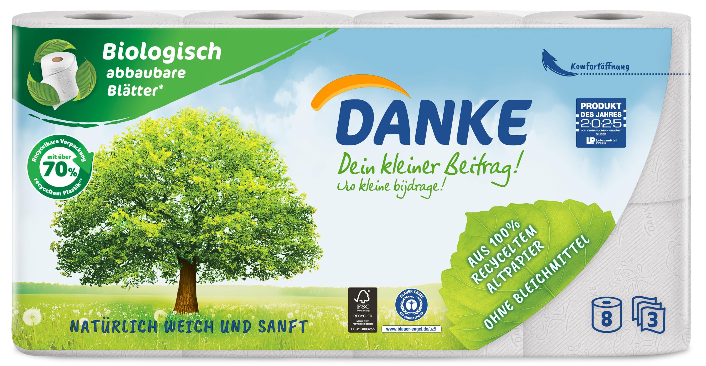 DANKE Papier toaletowy, 7 x 8 rolek, 3 warstwy