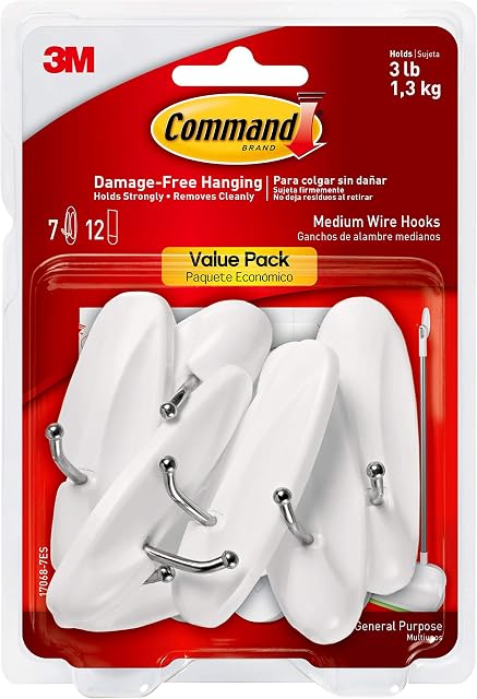 Command Wire Hooks Value Pack, Medium, White, 7 Hooks, 12 Strips/Pack