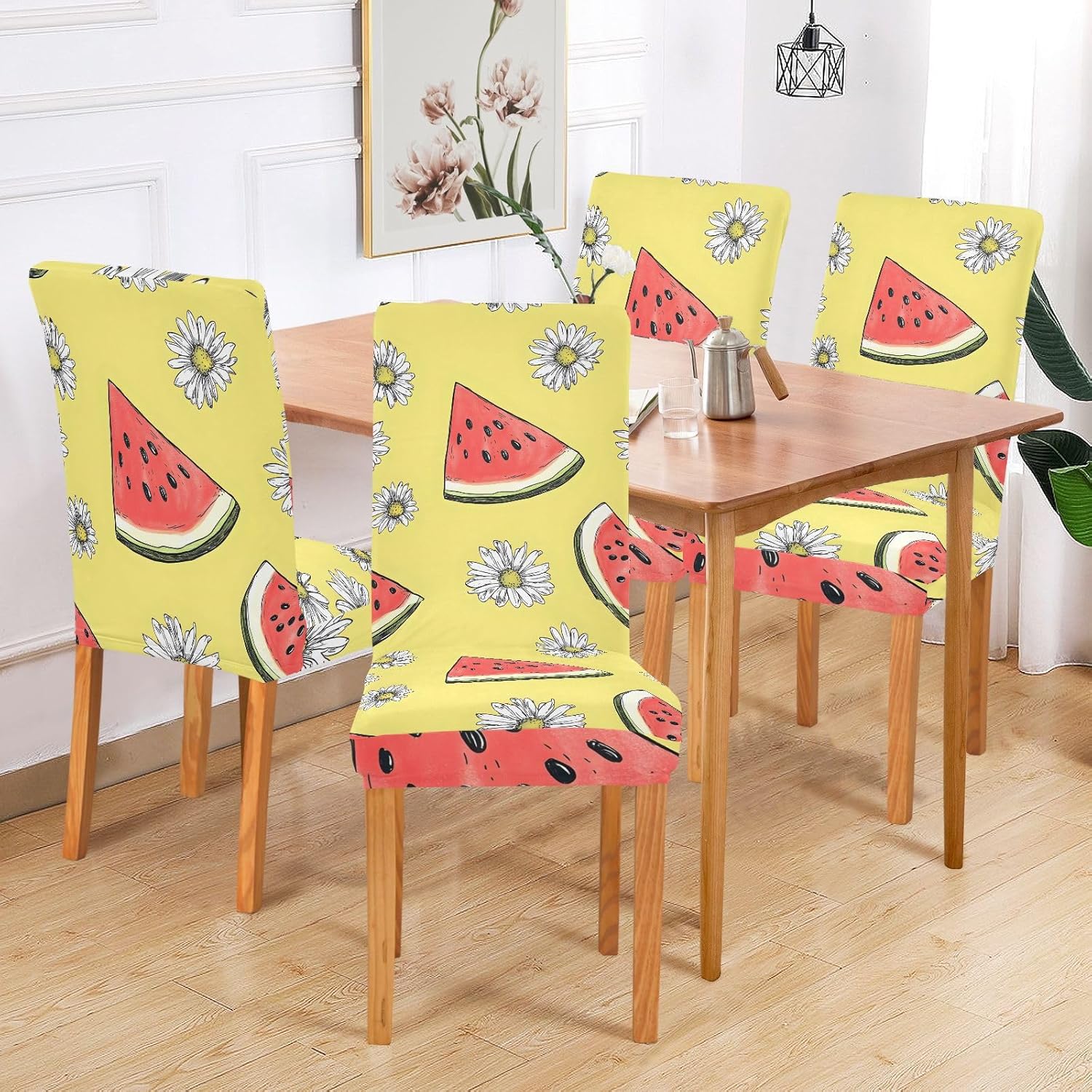 ALAZA Chair Covers for Dining Room, Watermelon White Chrysanthemum Pattern Stretch Chair Cover Sets Chair Protector Removable Washable for Ktichen Restaurant Hotel