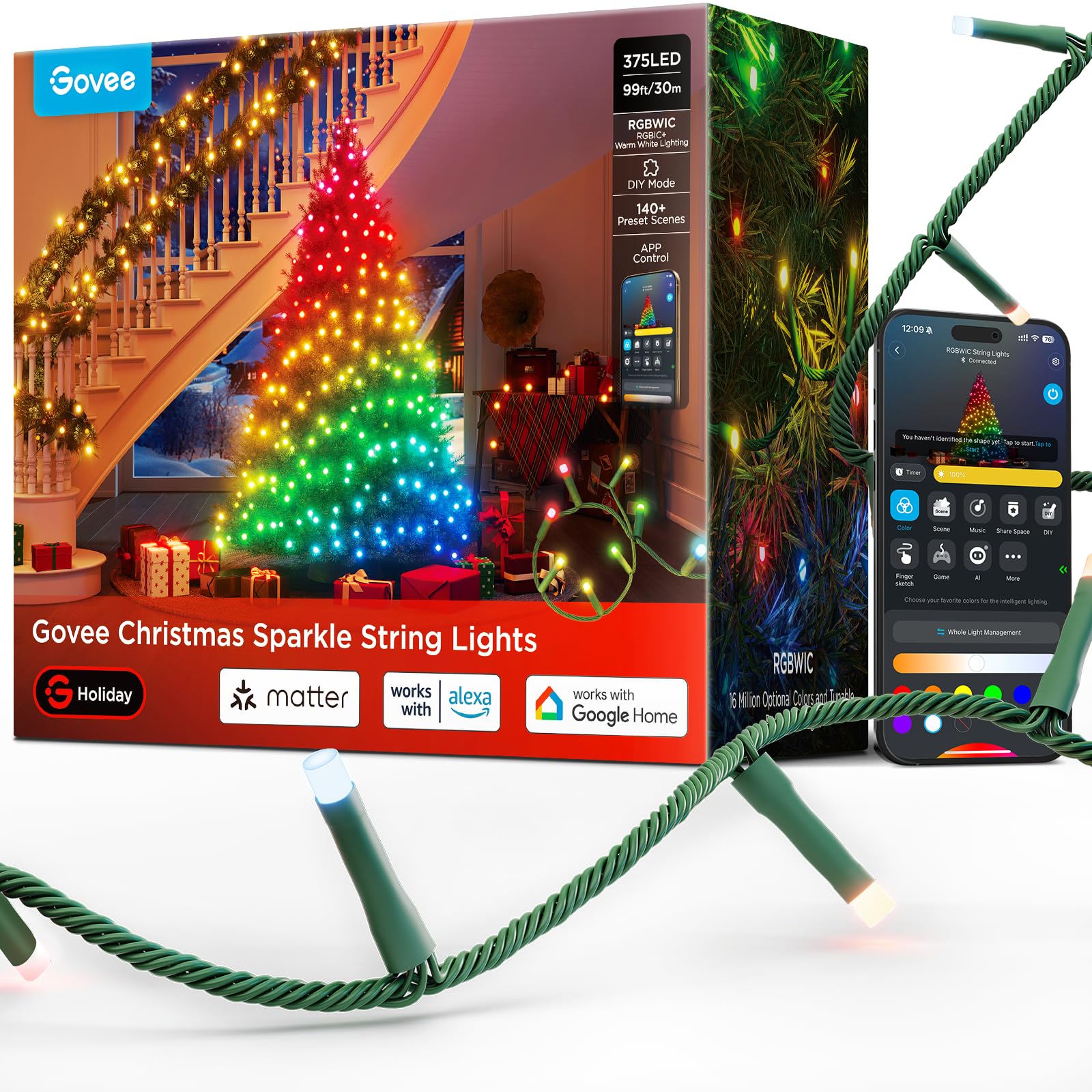 Govee Christmas Sparkle String Lights 99ft, RGBWIC String Lights with 375 Bullet-Head LEDs, App-Controlled, 140+ Scene Modes, Shape Mapping, Music Sync, Works with Alexa, Indoor Holiday Decorations