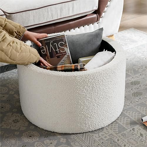 Zibeths Otomana de almacenamiento, otomana con almacenamiento para sala de estar, reposapiés Farbic Beige Boucle, mesa auxiliar con tapa de madera,