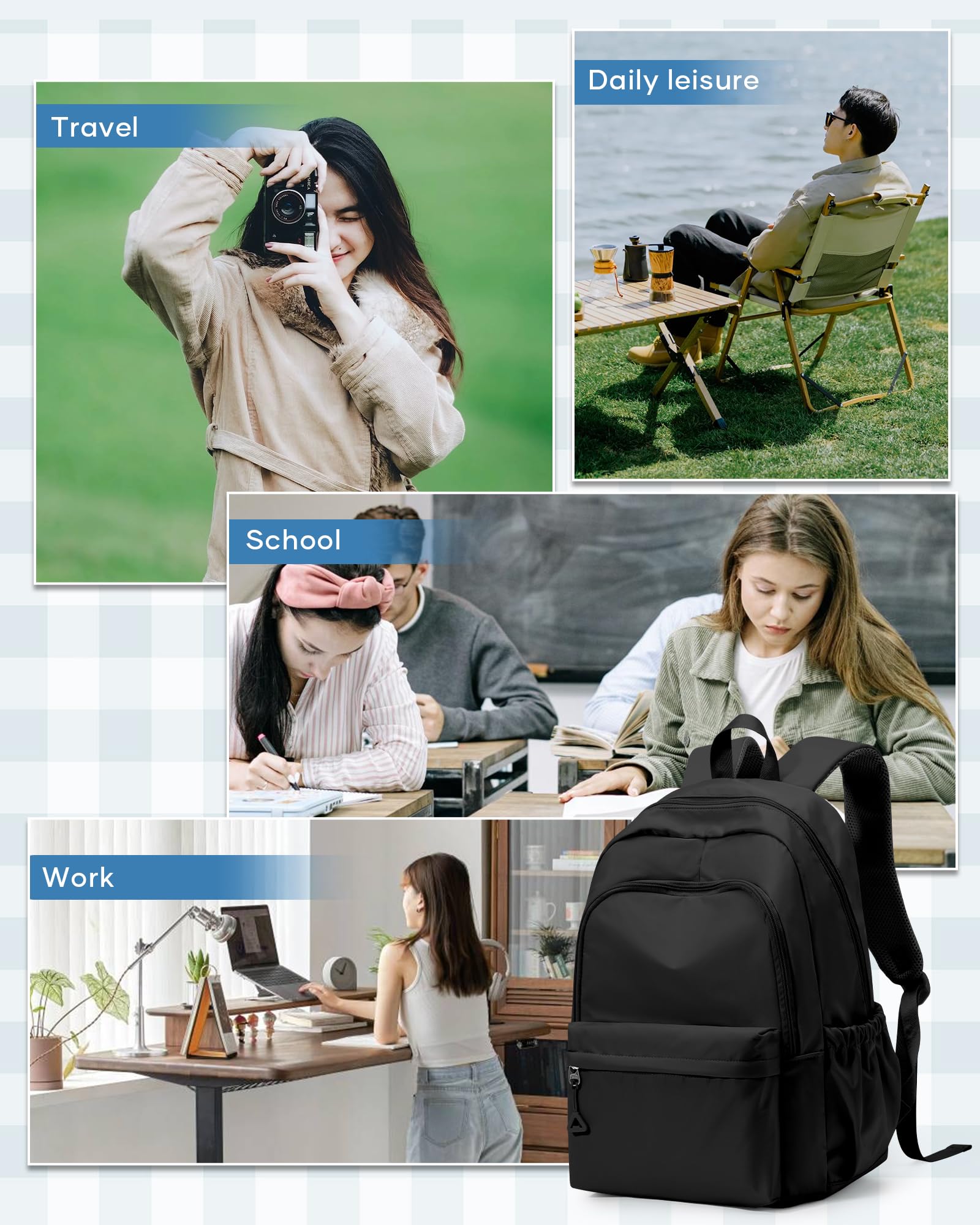 winspansy Mochila Escolar para Adolescentes Niñas y Niños, Mochila Ligera Impermeable para Escuela, Hombres y Mujeres, Estética, Mochila para Portátil, Mochilas Casual de Diario -Negro