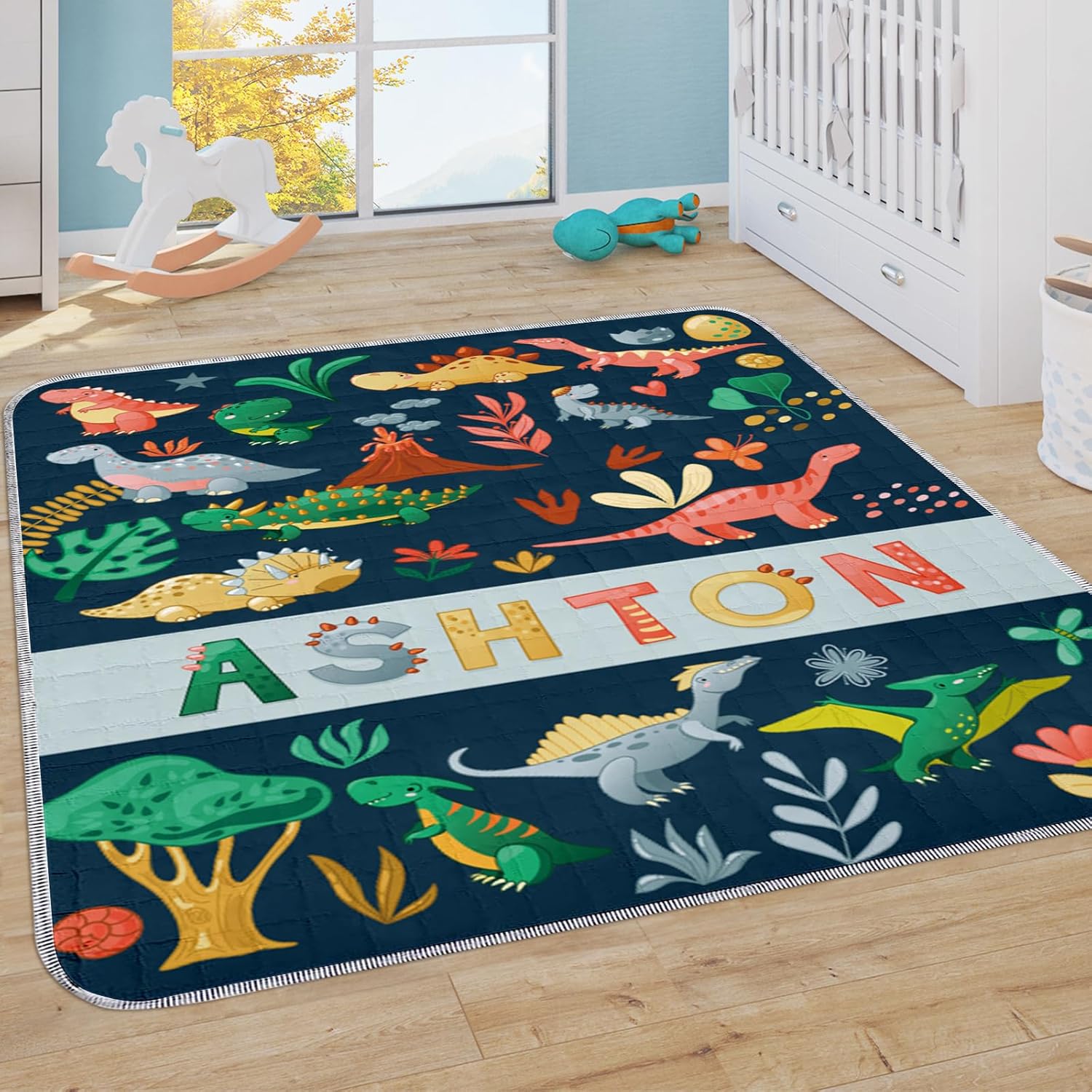 Baby Playmat for Boys Custom Foldable Padded Crawling Mat for Toddler Kids, Soft Washable Non-Slip Activity Mat for Floor Tummy Time Dinosaur Nursery Decor Baby Gift(47"x 59")