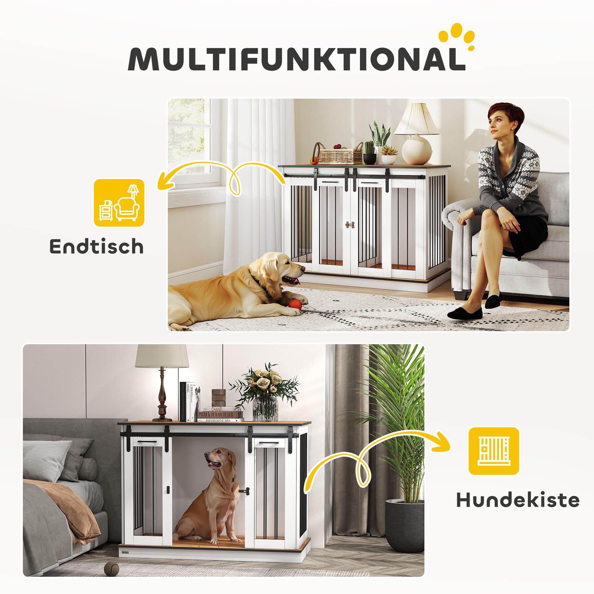PawHut Hundekäfig Möbel mit Zweiraum-Option, 2 Türen Moderne Metall Hundebox für Zuhause Indoor Hundehütte für große Hunde bis zu 30 kg Hundehaus 120 x 60 x 88,5 cm Weiß