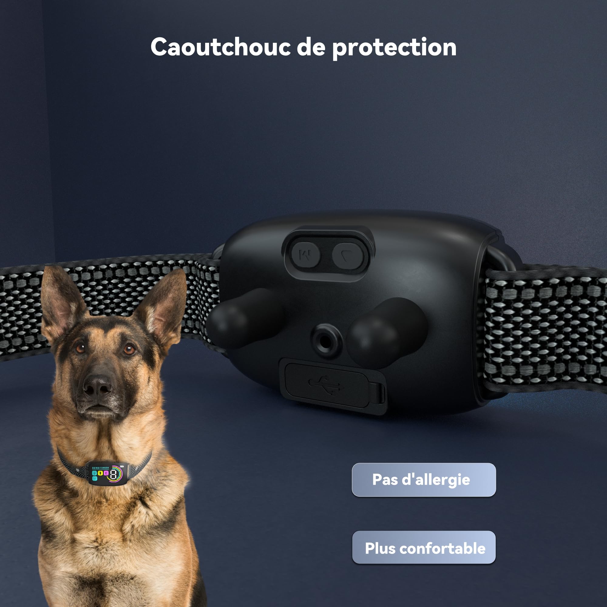 Meloive Collier Anti Aboiement Chien, Détection Intelligente des Aboiements, 4 Modes Vibration/Choc Statique/Son, 8 Niveau d'intensité, Rechargeable pour Gros Petit Chiens