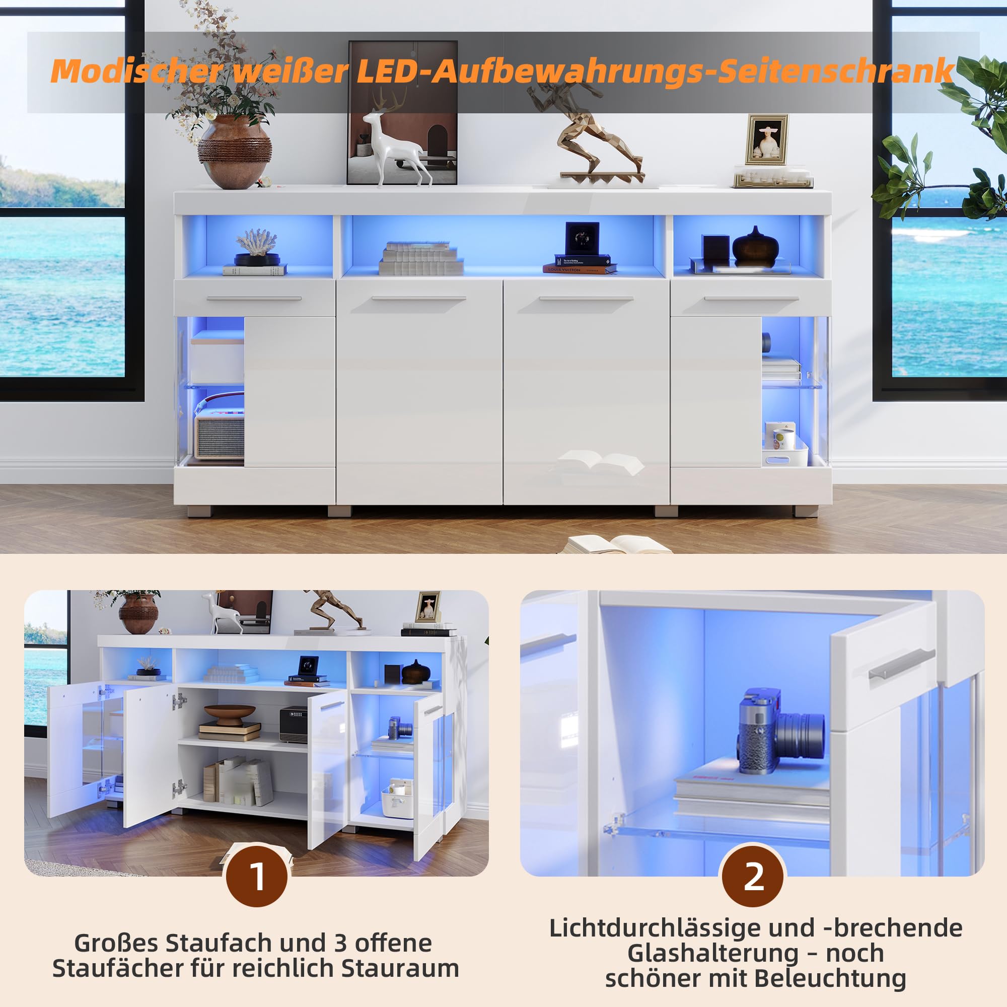 Credenza lucida con luce a LED tavolino con 3 scomparti 4 ante armadietto per sala da pranzo cucina soggiorno ufficio armadio con ampio spazio di archiviazione armadios bianco