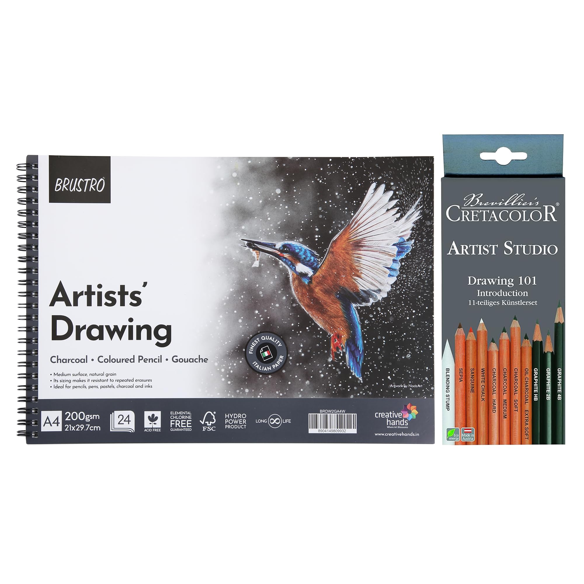 Brustro Drawing Wiro Paper Pad (A4,200 GSM,24 Sheets) with Cretacolor Artists Studio Line Drawing 101 Introduction (Set of 11,White)|Ideal for Painting,Sketching,Shading,Professionals