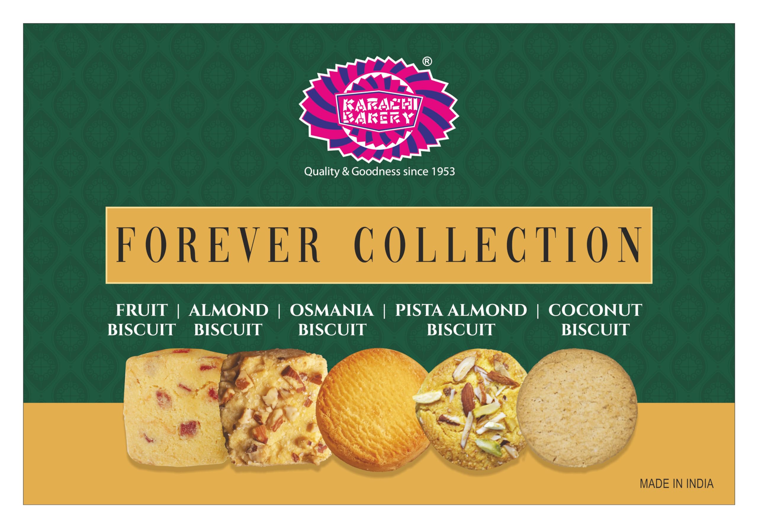 Karachi Bakery Forever Collection [Fruit Biscuits| Almond| Osmania|Pista Almond|Coconut] Gift Pack, 400gm