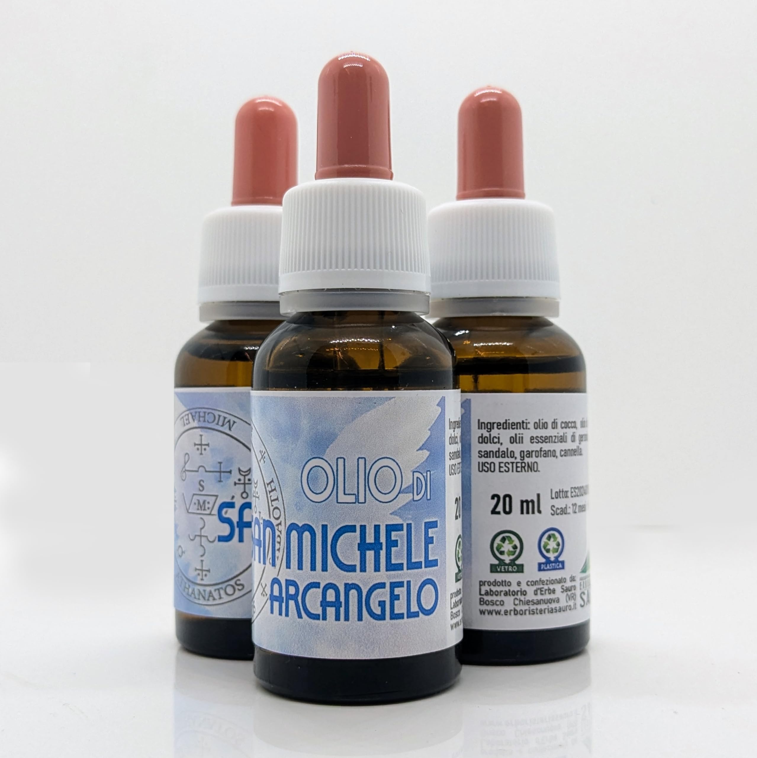 Olio di San Michele Arcangelo, Olio di Cocco e Mandorle Dolci, Olii Essenziali di Geranio, Incenso, Sandalo, Garofano, Cannella, 20 ml, Prodotto 100% Naturale (3 x 20 ml)