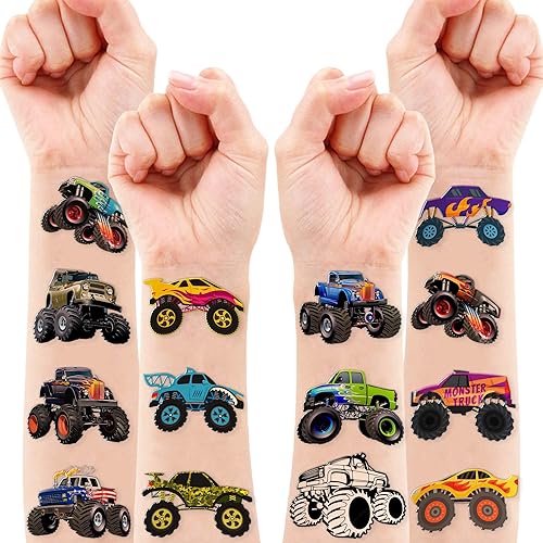 Miniatura 2 de Tatuajes temporales de camión monstruo para niños, suministros de fiesta de cumpleaños, regalos súper lindos falsos 96 piezas de tatuajes adhesivos