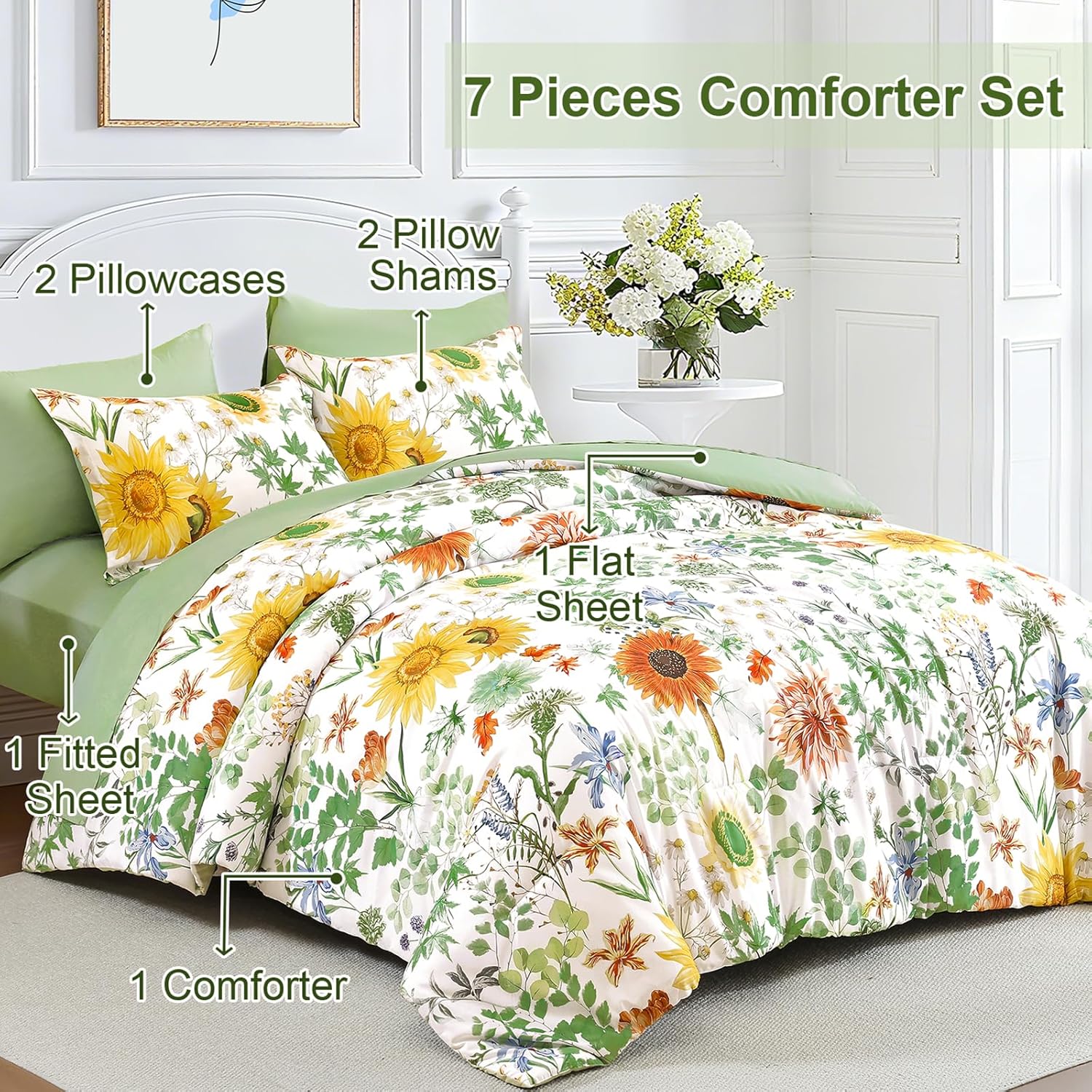 Yiran Green Bed in a Bag Comforter Set King 7 Pieces Floral Bedding Set for Bed,Soft Microfiber Sunflower Botanical Comforter with 1 Flat Sheet 1 Fitted Sheet 2 Pillowshams