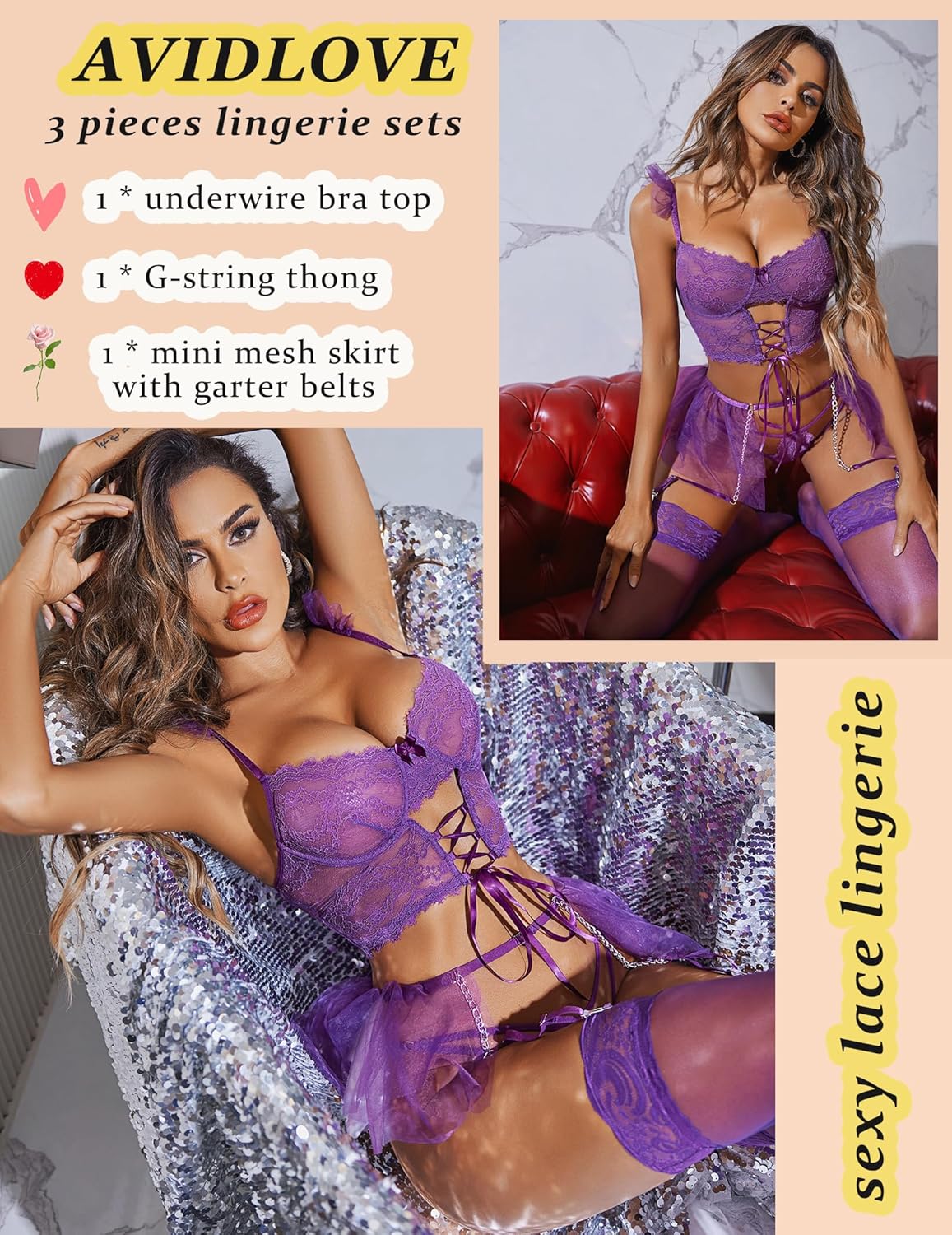 Avidlove Womens Garter Lingerie Sets Valentine 3 Piece Underwire Sexy Bra and Panty Set With Mesh Mini Skirts S-XXL - Image 3