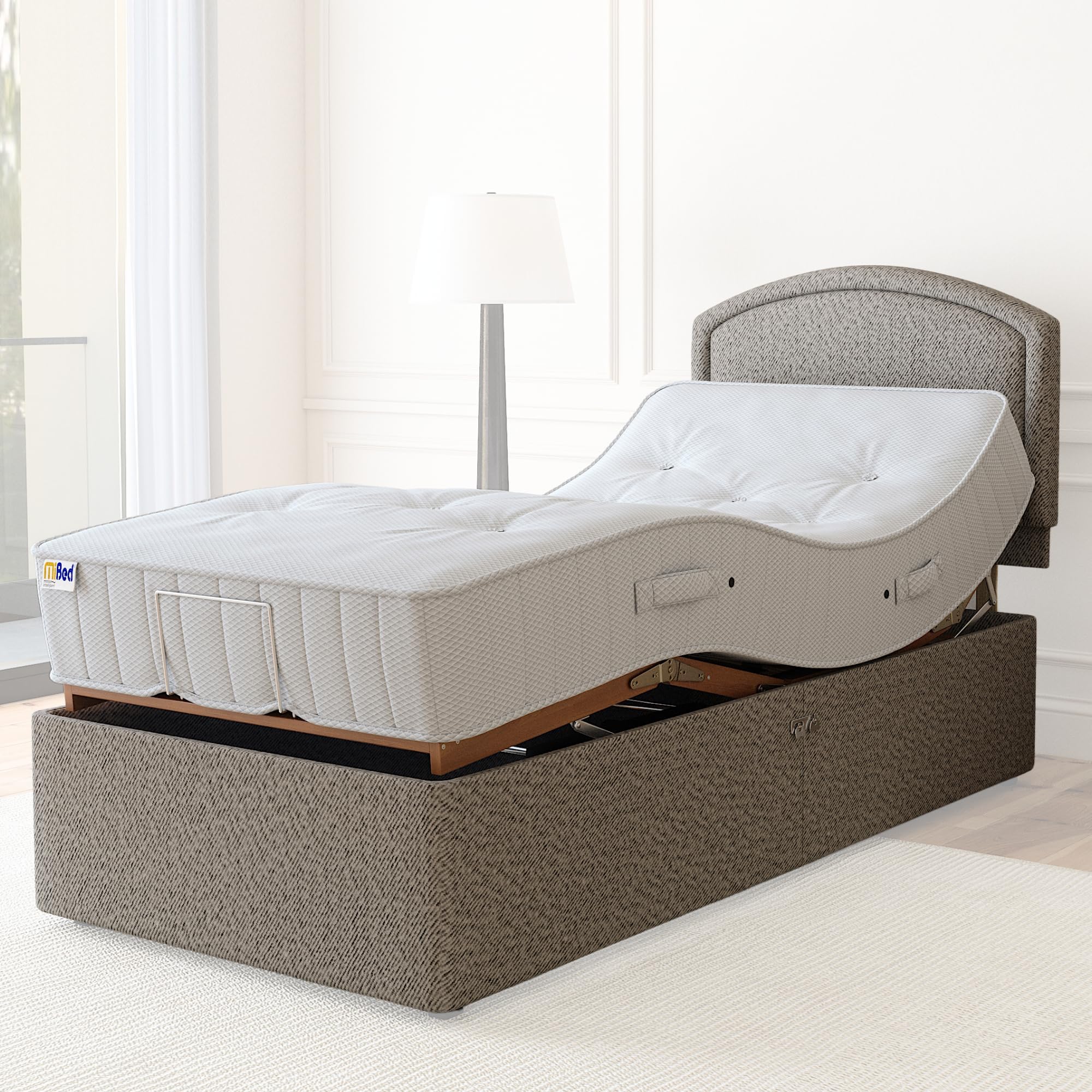 Electric Adjustable Bed with Mattress, Headboard & Drawer – Remote Control, UK Made, 5-Year Warranty (BEIGE, 3ft6 Large Single 106 cm x 200 cm)